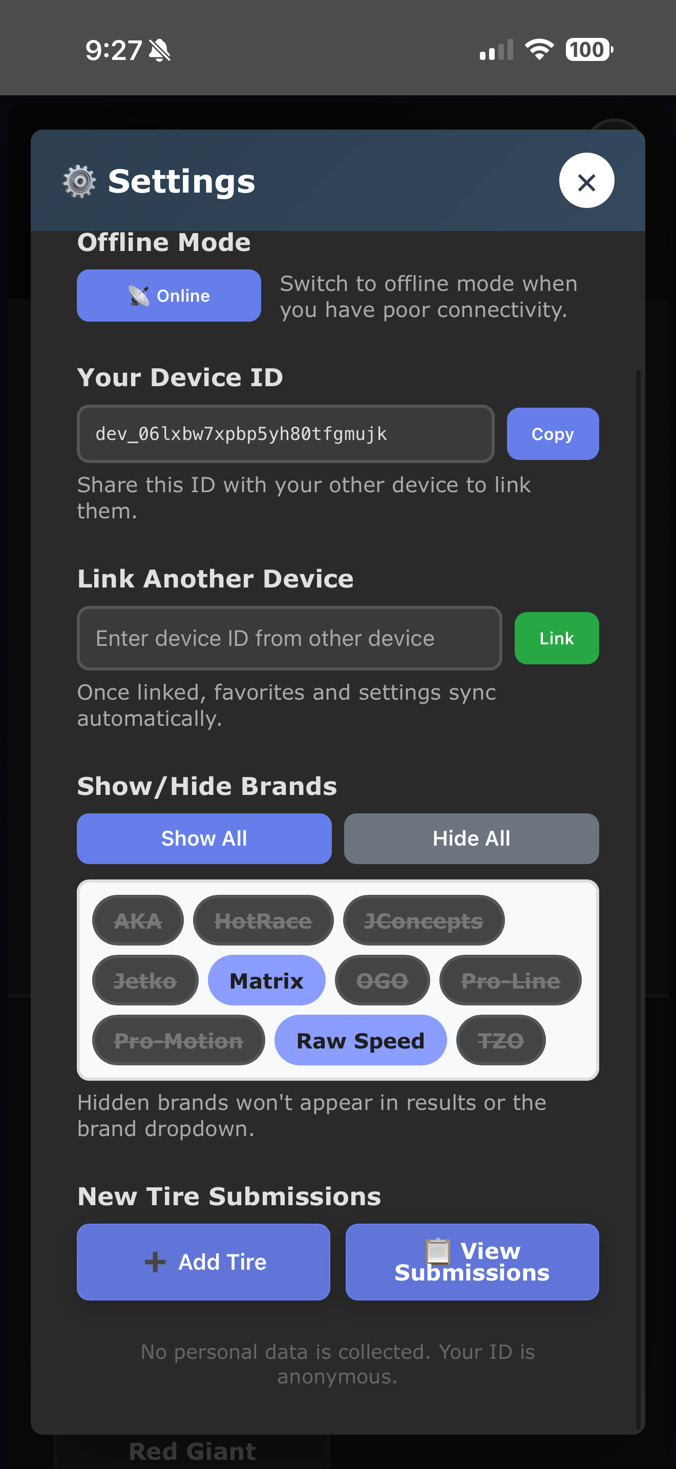 Settings brand filter