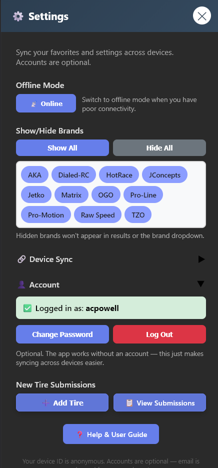 Settings brand filter