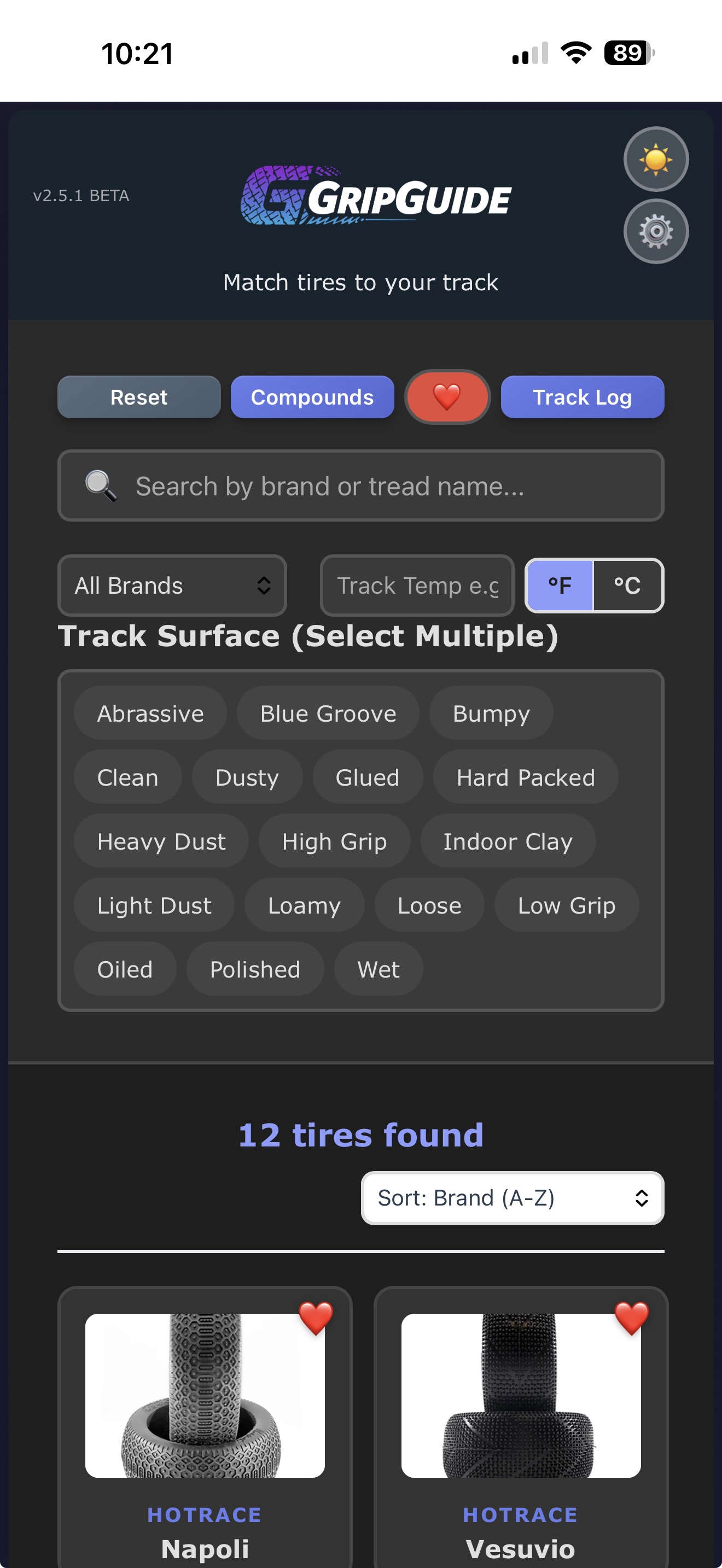 Favorite button on tire card